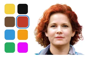 A synthesized human head beside color swatches for avatar editing.