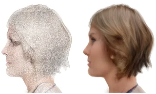 Two synthesized human heads rendered using the Gaussian splatting decoder.