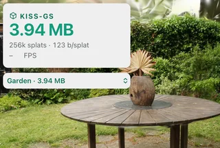 KISS-GS compression comparison showing the same garden scene with different storage sizes.
